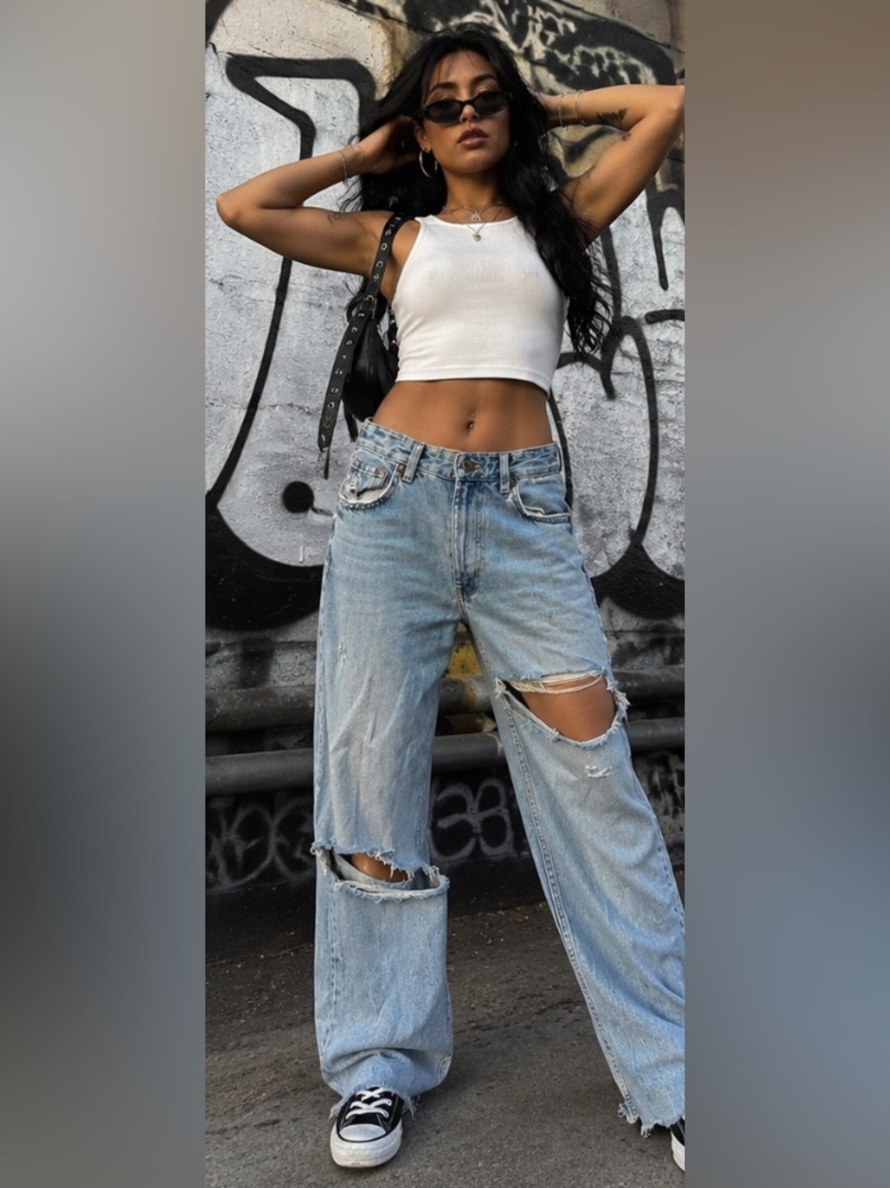 Zara Ripped Butt High Rise Wide Leg Heavy Distressed Denim Jeans